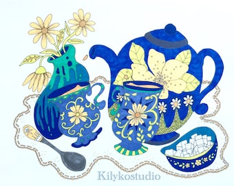 teapot with flower adult coloring page instant digital download pdf