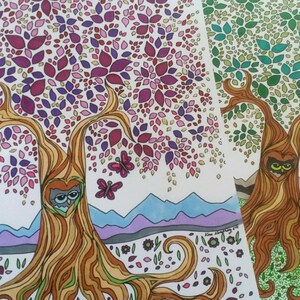 May include: Two detailed drawings of trees with owls in their trunks. The tree on the left has purple, pink, and green leaves. The tree on the right has green leaves. Both trees have butterflies flying around them.