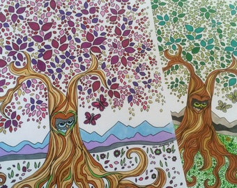 owl & tree coloring page digital download art