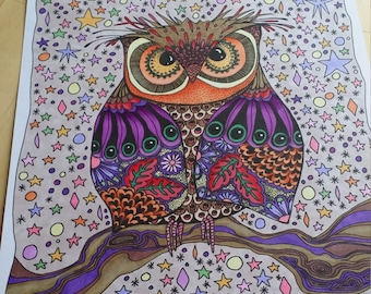 owl starry night coloring page digital sheet for paper crafting journaling decoupage collage PDF & JPG
