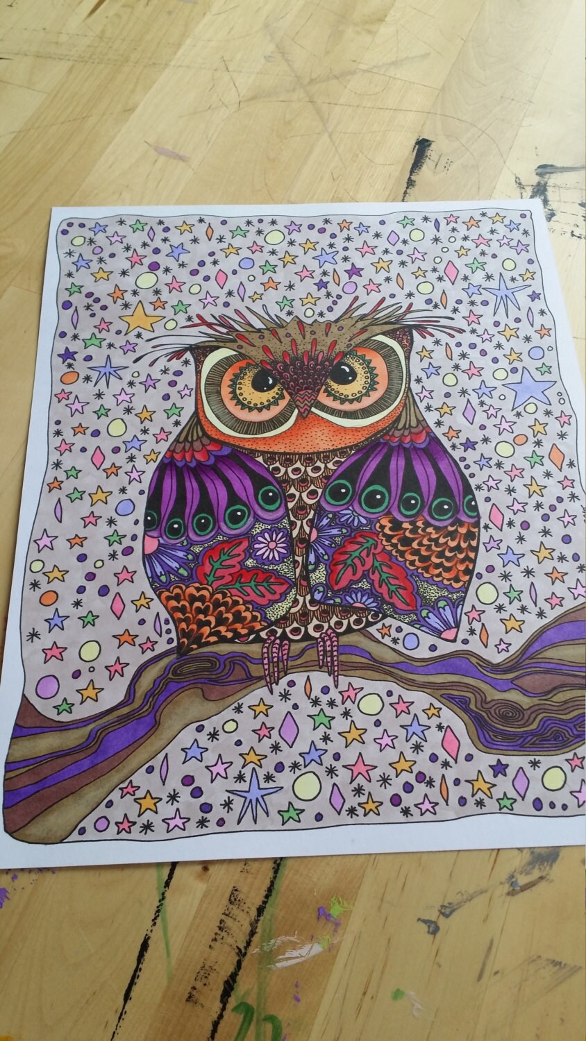 Owl starry night coloring page digital download file | Etsy