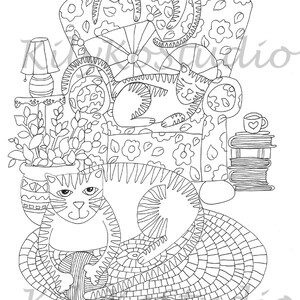 May include: A black and white line drawing of three cats relaxing in a floral patterned armchair. One cat is curled up on a cushion, another is sitting on the arm of the chair, and the third is curled up on a rug with a ball of yarn. There is a potted plant and a stack of books in the background.