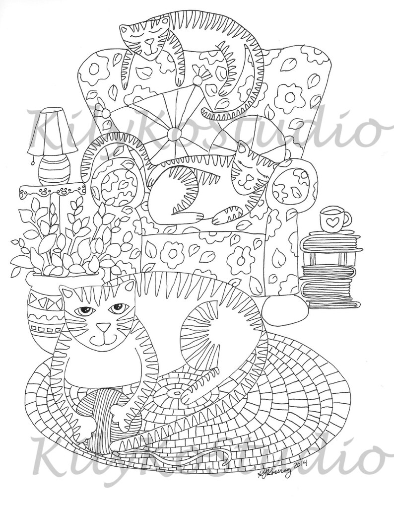 May include: A black and white line drawing of three cats relaxing in a floral patterned armchair. One cat is curled up on a cushion, another is sitting on the arm of the chair, and the third is curled up on a rug with a ball of yarn. There is a potted plant and a stack of books in the background.