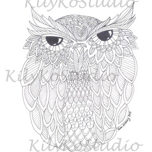 May include: A black and white detailed illustration of an owl with intricate patterns and designs. The owl's eyes are large and round, and its feathers are depicted with fine lines and swirls. The image is signed "Kim Horsley 2015" in the lower right corner.