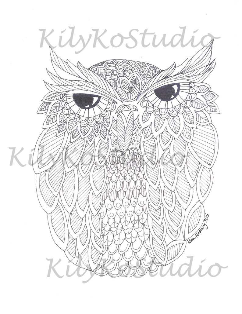 May include: A black and white detailed illustration of an owl with intricate patterns and designs. The owl's eyes are large and round, and its feathers are depicted with fine lines and swirls. The image is signed "Kim Horsley 2015" in the lower right corner.