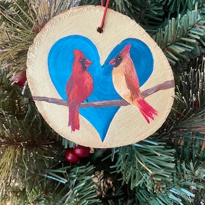 Kardinal Paar Moderne Volkskunst Ornament Aus Holz Hand Bemalt Einzigartige Kunst Blaues Herz