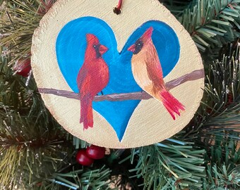 Cardinal Couple Modern Folk Art Ornament Wooden Hand Painted One Of A Kind Art Blue Heart