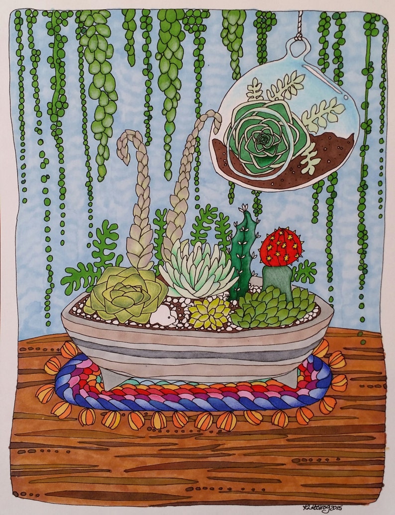 Terrarium succulent coloring page PDF southwest art image 2