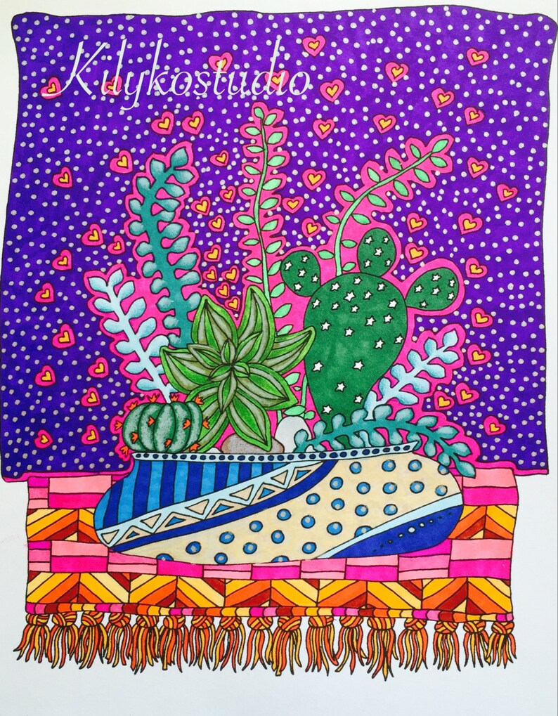 May include: A colorful illustration of a potted succulent plant with a cactus and other greenery. The pot is decorated with blue, white, and yellow stripes and dots. The plant is sitting on a pink and orange patterned rug with fringe.