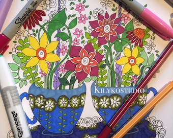 tea cups adult coloring page instant digital download pdf
