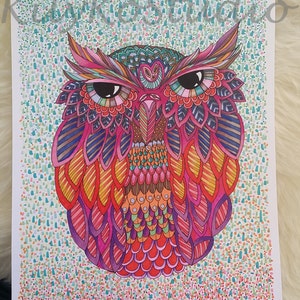 May include: A colorful, detailed illustration of an owl with intricate patterns and designs. The owl's eyes are large and black, and its feathers are a mix of pink, red, orange, yellow, purple, and blue.