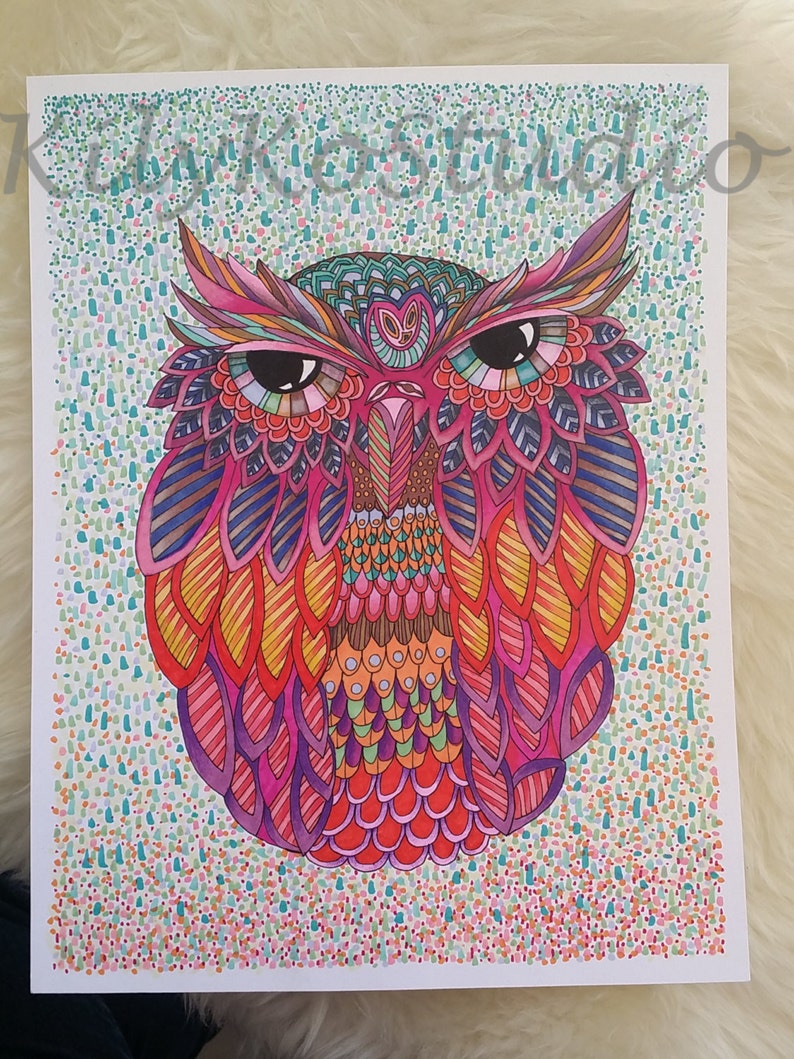 May include: A colorful, detailed illustration of an owl with intricate patterns and designs. The owl's eyes are large and black, and its feathers are a mix of pink, red, orange, yellow, purple, and blue.