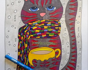 snow day cat coffee time adult coloring page instant digital download pdf