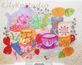 tea time coloring page digital download strawberry tea