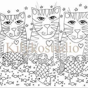 May include: A black and white line drawing of three cats with hearts on their chests. Each cat is holding a fish. The cats are surrounded by stars and smaller fish.