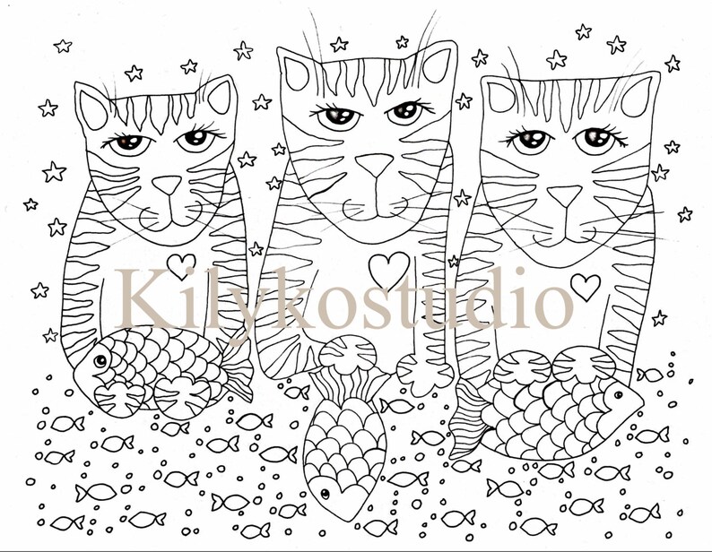 May include: A black and white line drawing of three cats with hearts on their chests. Each cat is holding a fish. The cats are surrounded by stars and smaller fish.