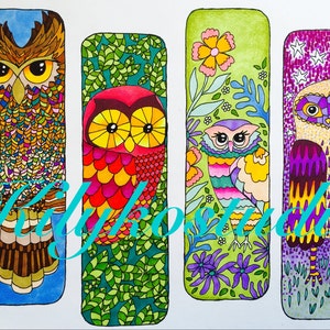 May include: Four colorful owl bookmarks with intricate designs. The owls are drawn in a whimsical style with bright colors and patterns. The bookmarks are perfect for adding a touch of personality to any book.