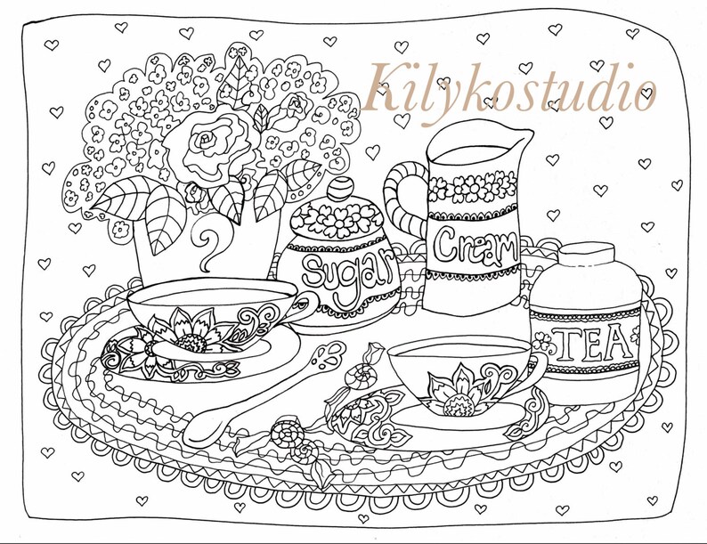 Tea time tea cups adult coloring page instant digital download | Etsy