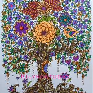 May include: A colorful, intricate illustration of a tree with a thick trunk and branches adorned with flowers, leaves, and hearts. The tree is surrounded by a scattering of small, yellow dots. The text "KILYKOSTUDIO" is visible at the bottom of the image.