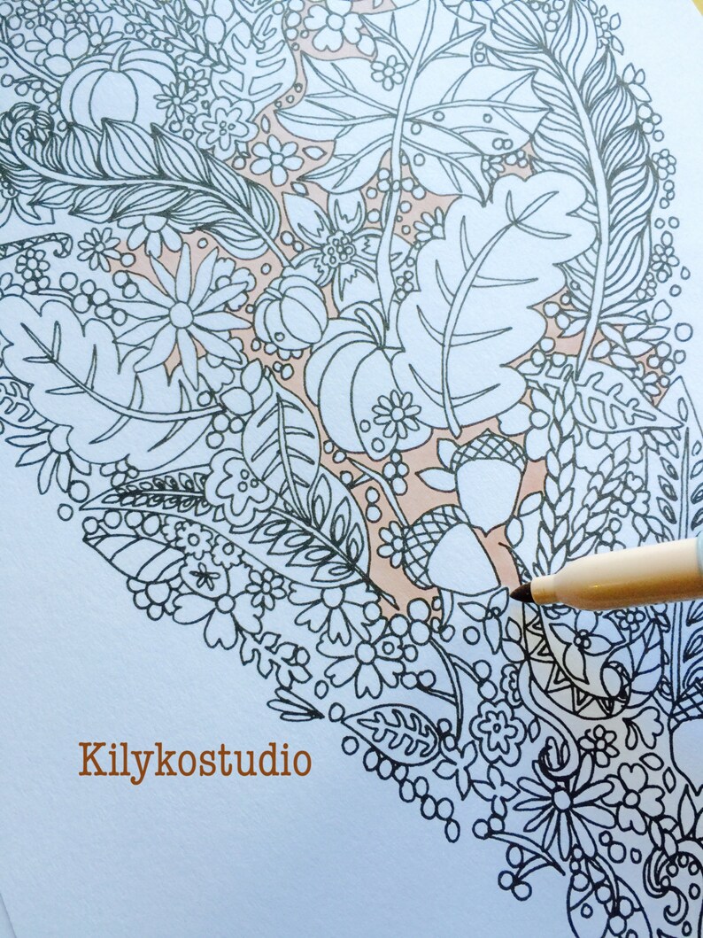 May include: A black and white intricate line drawing of a floral design with leaves, flowers, and pumpkins. The design is partially colored in with a light peach color. The word "Kilykostudio" is written in brown text at the bottom of the image.