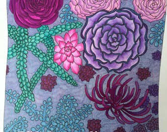 May include: A purple, blue, and green floral illustration with a variety of succulents and flowers. The background is a light purple with a speckled pattern.