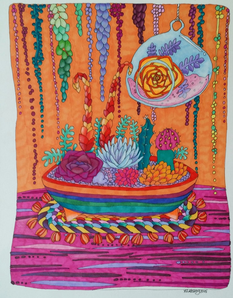 Terrarium succulent coloring page PDF southwest art image 1