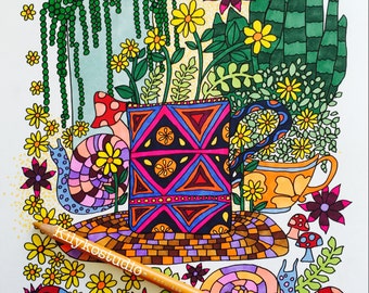 teacup garden mushrooms snails succulents flowers adult coloring page instant download pdf