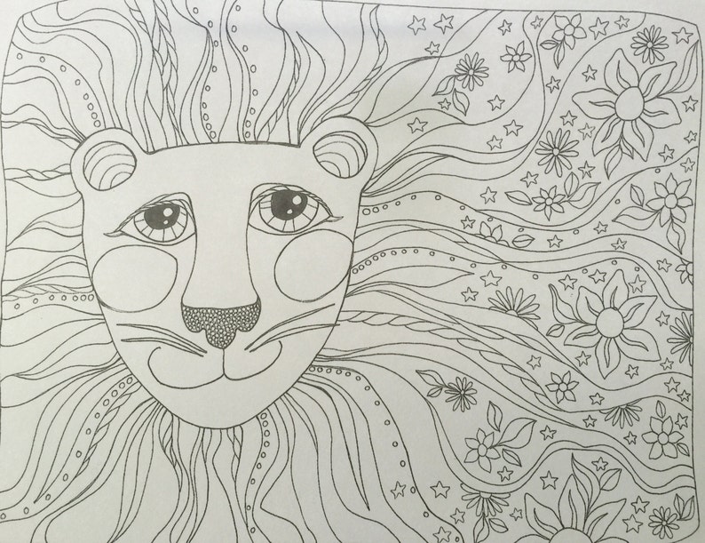 May include: A black and white line drawing of a lion's face with a flowing mane. The mane is filled with intricate patterns of swirls, dots, and stars. The lion's face is simple and sweet with large eyes and a small nose.