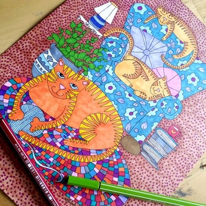 May include: A hand-drawn illustration of a colorful scene with two orange cats, one sitting on a patterned rug and the other lounging in a blue armchair with floral accents. The illustration is done in a whimsical style with bright colors and intricate details.