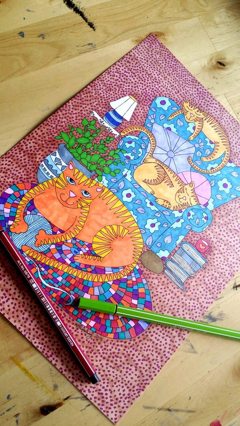 May include: A hand-drawn illustration of a colorful scene with two orange cats, one sitting on a patterned rug and the other lounging in a blue armchair with floral accents. The illustration is done in a whimsical style with bright colors and intricate details.
