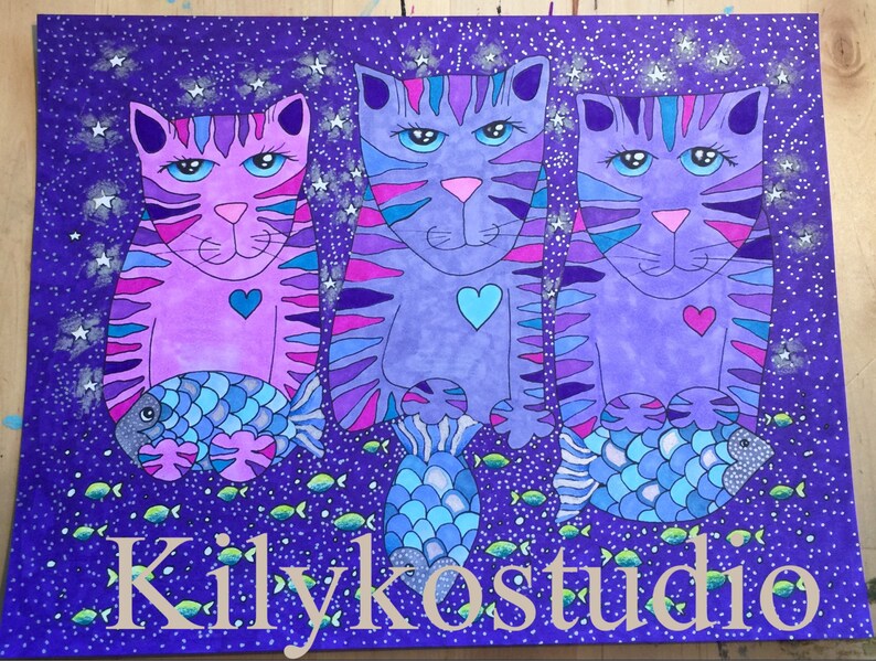 May include: Three stylized cats with purple, pink, and blue stripes, sitting on a purple background with white stars. Each cat has a blue heart on its chest and is holding a blue and green fish with scales. The text "Kilykostudio" is at the bottom of the image.
