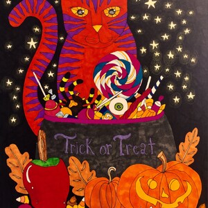 Trick or treat cat Halloween adult coloring page pumpkins instant digital download file pdf paper crafting junk journaling decoupage collage