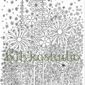 May include: Black and white line art illustration of a field of flowers. The image features various types of flowers, including daisies and other detailed floral designs. The text "Kilykostudio" is overlaid on the image.