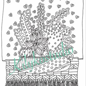 May include: A black and white line drawing of a potted succulent plant with a geometric pattern on the pot. The plant is surrounded by hearts and stars. The pot is sitting on a patterned rug with tassels.