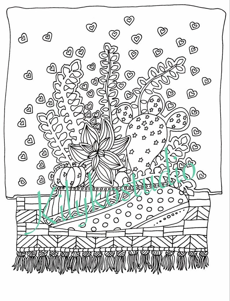 succulent cactus still life adult coloring page instant digital download pdf zdjęcie 3