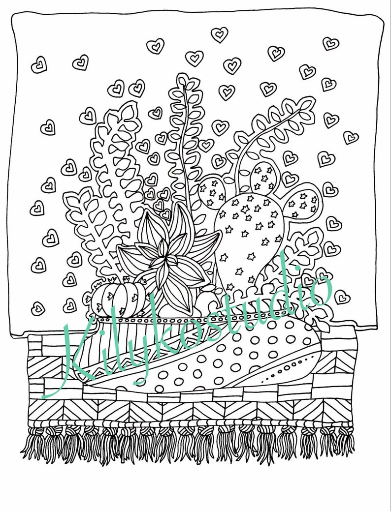 May include: A black and white line drawing of a potted succulent plant with a geometric pattern on the pot. The plant is surrounded by hearts and stars. The pot is sitting on a patterned rug with tassels.