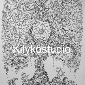 May include: A black and white line drawing of a tree with intricate details. The tree is filled with flowers, leaves, and a bird. The text "Kilykostudio" is written on the tree trunk.