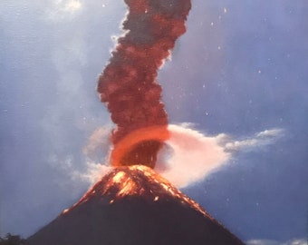 Volcán en erupción. Pintura al óleo