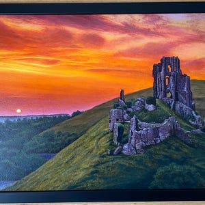 Sunset with castle. Oil painting