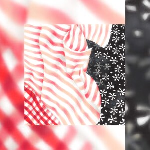 Peut inclure: Gros plan sur des échantillons de tissu en rouge, blanc et noir. Le tissu est rayé, à carreaux et à motifs floraux.