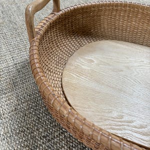 Nantucket Lightship Style Oval Serving Tray - Hand Woven Rattan Cocktail Tray with Wooden Base & Handles