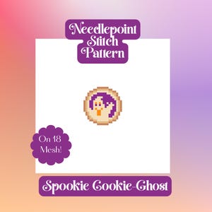 Könnte beinhalten: Ein Stickmuster für Needlepoint mit einem runden Keks-Design, das einen violetten Geist, einen orangefarbenen Mund und einen beigen Rand zeigt. Der Text lautet Needlepoint Stitch Pattern, On 18 Mesh! und Spookie Gookie-Ghost. Das Design ist pixelig.