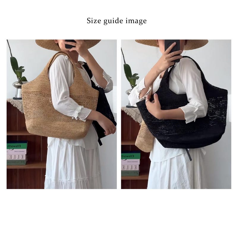 May include: Two women are modeling straw tote bags. The bag on the left is natural straw and the bag on the right is black. Both bags have a woven design and are large enough to carry everyday essentials.