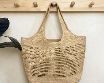 Large Raffia Tote Bag, Handwoven Shoulder Bag, Women's Straw Bag, Beach Bag