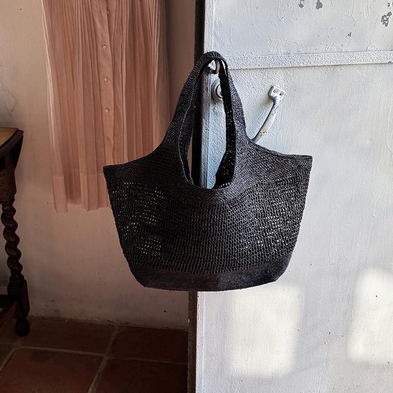 Large Raffia Tote Bag, Handwoven Shoulder Bag, Women's Straw Bag, Beach Bag Black
