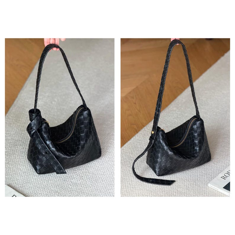 May include: Two images of a black woven shoulder bag with a knotted handle. The bag has a curved shape with a zipper closure. The woven pattern is visible on the bag's exterior. The bag is on a light-colored surface.