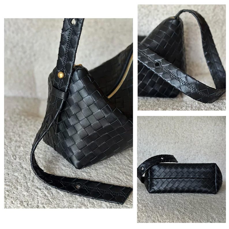 May include: Black woven leather shoulder bag with a gold zipper and strap. The bag has a unique woven pattern and a long, adjustable strap. The bag is shown from multiple angles, highlighting its design and construction.