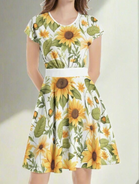 【最安値】 Sunflower-Printed Midi Dress Sunflower Floral Midi SunDress – Roll Up Fashion