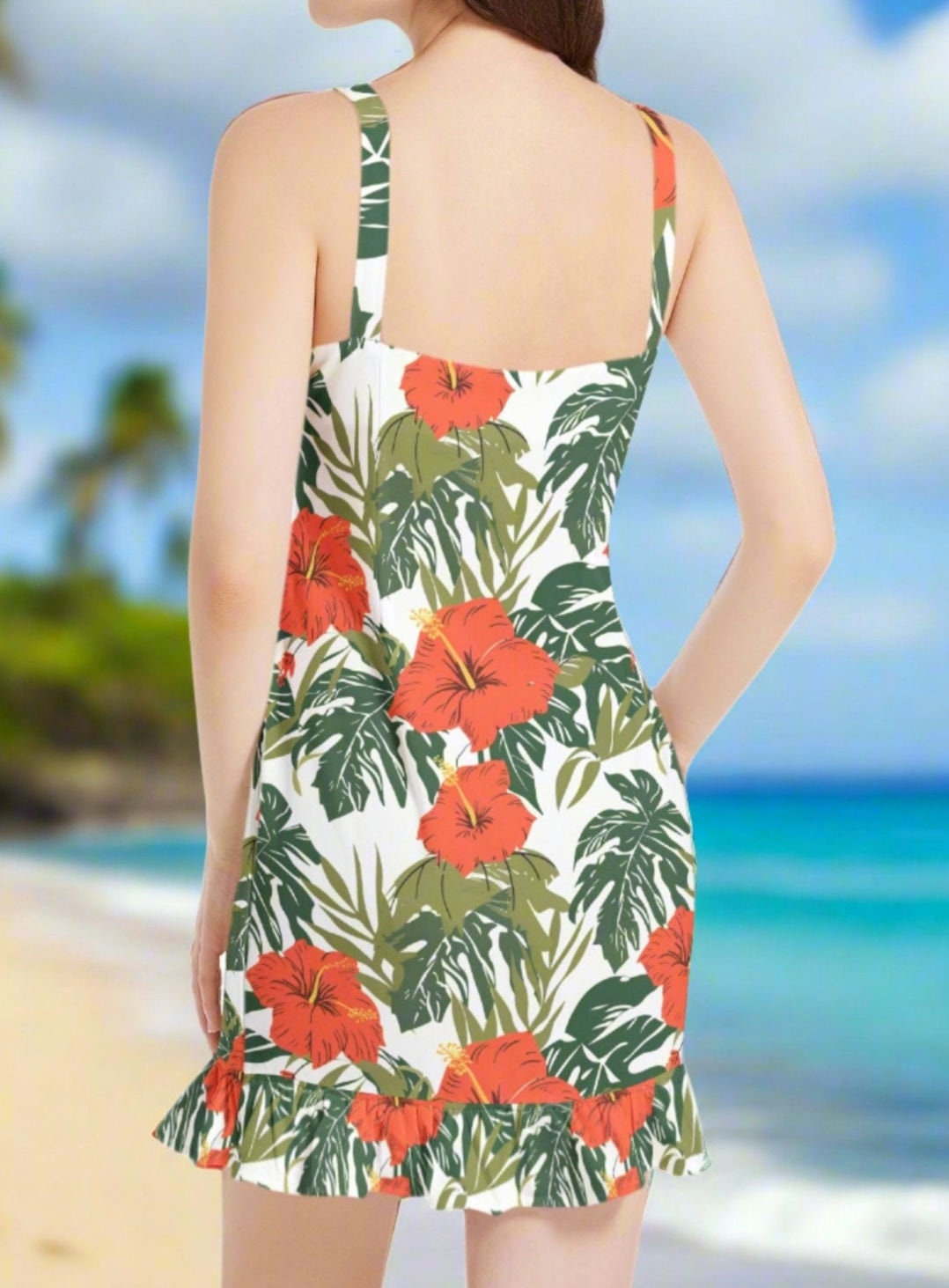 Hawaiian Sleeveless Mini Dress - White With Orange Hibiscus Flowers ...