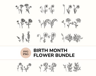 36x Birth Month Flower SVG PNG Bundle, Birthday flowers, Wildflower svg, Flower Clipart, Botanical svg, Floral svg, Birth Flower clipart set